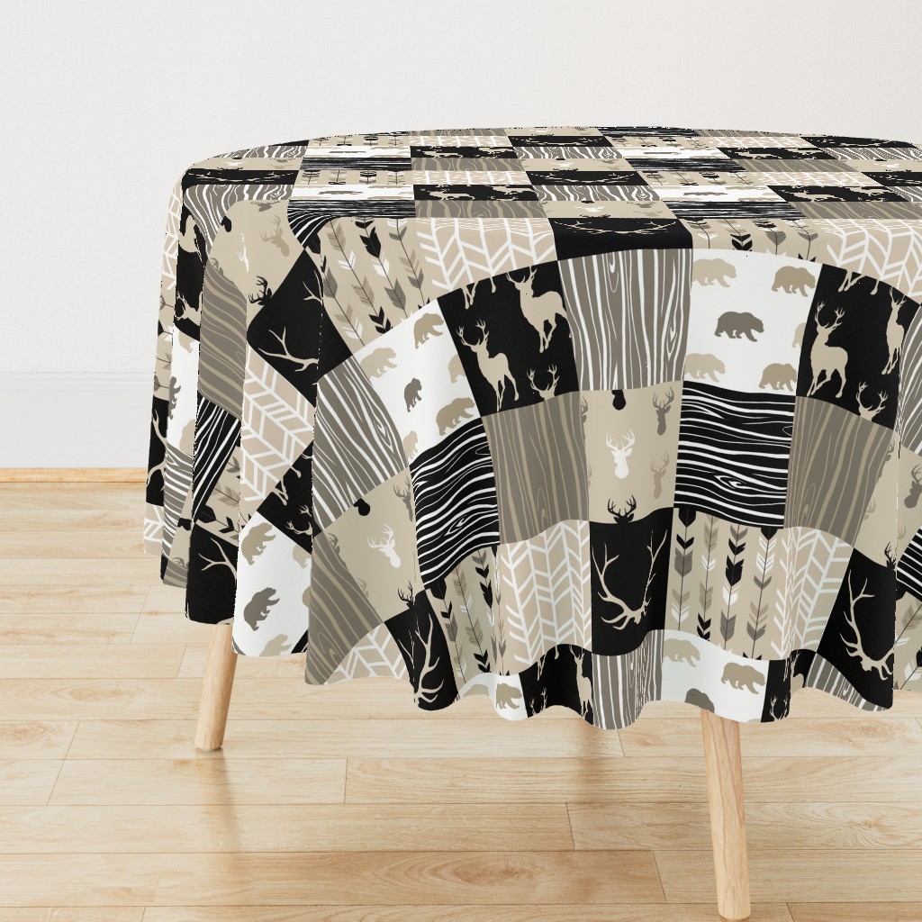 Wholecloth Quilt - Midnight Woodland - Neutrals Black, tan, brown Elk, Arrows, Wood