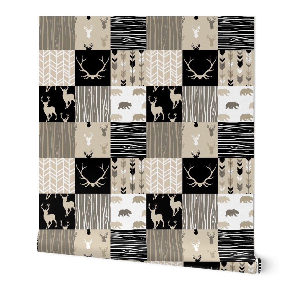 Wholecloth Quilt - Midnight Woodland - Neutrals Black, tan, brown Elk, Arrows, Wood