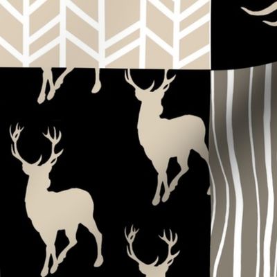 Wholecloth Quilt - Midnight Woodland - Neutrals Black, tan, brown Elk, Arrows, Wood