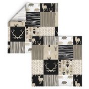 Wholecloth Quilt - Midnight Woodland - Neutrals Black, tan, brown Elk, Arrows, Wood