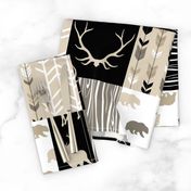 Wholecloth Quilt - Midnight Woodland - Neutrals Black, tan, brown Elk, Arrows, Wood