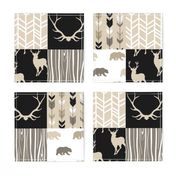 Wholecloth Quilt - Midnight Woodland - Neutrals Black, tan, brown Elk, Arrows, Wood