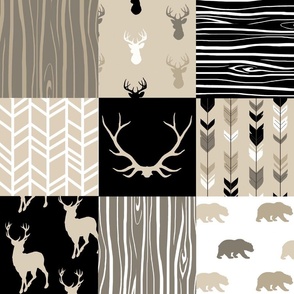 Wholecloth Quilt - Midnight Woodland - Neutrals Black, tan, brown Elk, Arrows, Wood