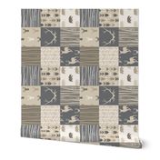 Patchwork Quilt - rustic Midnight Woodland Deer, tan, grey