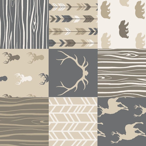 Patchwork Quilt - rustic Midnight Woodland Deer, tan, grey