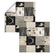 Wholecloth Faux Quilt- midnight Woodland - Black and Tan deer, antlers, arrows