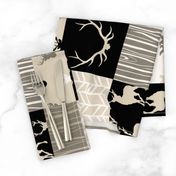 Wholecloth Faux Quilt- midnight Woodland - Black and Tan deer, antlers, arrows