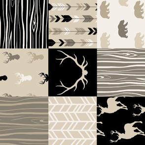 Wholecloth Faux Quilt- midnight Woodland - Black and Tan deer, antlers, arrows