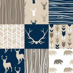 Whole cloth Quilt - Cedar Ridge - navy, tan, brown deer, arrows, antlers woodland patchwork