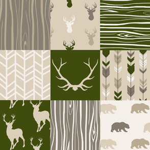 Whole cloth Quilt - Hunter green,, tan, brown deer, bear, arrows, antlers woodland patchwork
