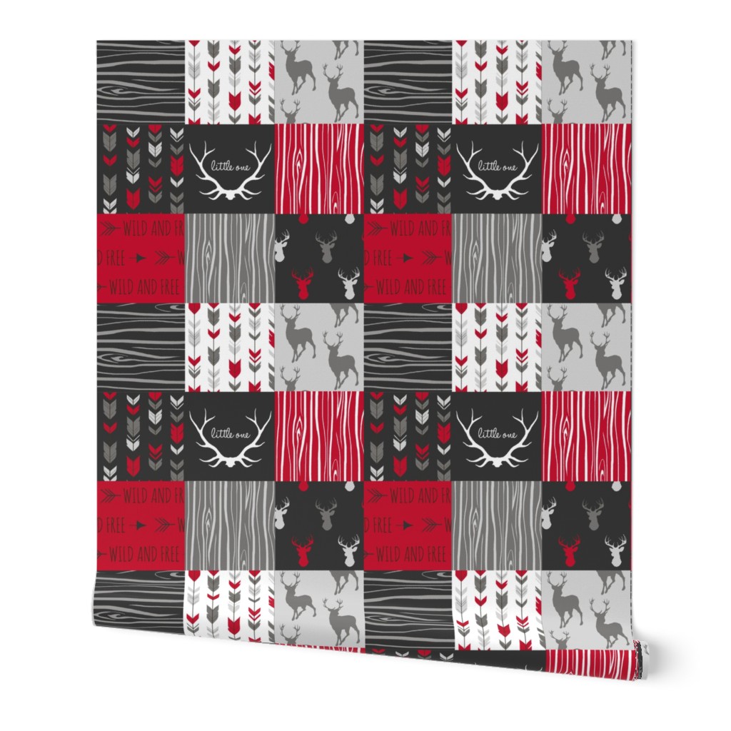 WholeCloth Quilt- red, charcoal ,grey faux quilt with deer, antler, arrows, Woodgrain patchwork squares-ch-ch