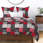 WholeCloth Quilt- red, charcoal ,grey faux quilt with deer, antler, arrows, Woodgrain patchwork squares-ch-ch