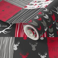 WholeCloth Quilt- red, charcoal ,grey faux quilt with deer, antler, arrows, Woodgrain patchwork squares-ch-ch