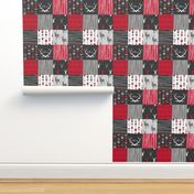 WholeCloth Quilt- red, charcoal ,grey faux quilt with deer, antler, arrows, Woodgrain patchwork squares-ch-ch