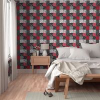 WholeCloth Quilt- red, charcoal ,grey faux quilt with deer, antler, arrows, Woodgrain patchwork squares-ch-ch