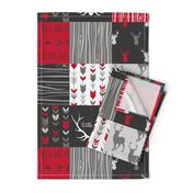 WholeCloth Quilt- red, charcoal ,grey faux quilt with deer, antler, arrows, Woodgrain patchwork squares-ch-ch