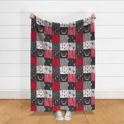 WholeCloth Quilt- red, charcoal ,grey faux quilt with deer, antler, arrows, Woodgrain patchwork squares-ch-ch