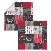 WholeCloth Quilt- red, charcoal ,grey faux quilt with deer, antler, arrows, Woodgrain patchwork squares-ch-ch