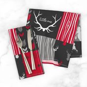 WholeCloth Quilt- red, charcoal ,grey faux quilt with deer, antler, arrows, Woodgrain patchwork squares-ch-ch