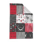 WholeCloth Quilt- red, charcoal ,grey faux quilt with deer, antler, arrows, Woodgrain patchwork squares-ch-ch