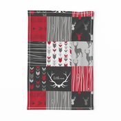 WholeCloth Quilt- red, charcoal ,grey faux quilt with deer, antler, arrows, Woodgrain patchwork squares-ch-ch