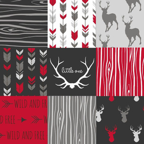 WholeCloth Quilt- red, charcoal ,grey faux quilt with deer, antler, arrows, Woodgrain patchwork squares-ch-ch