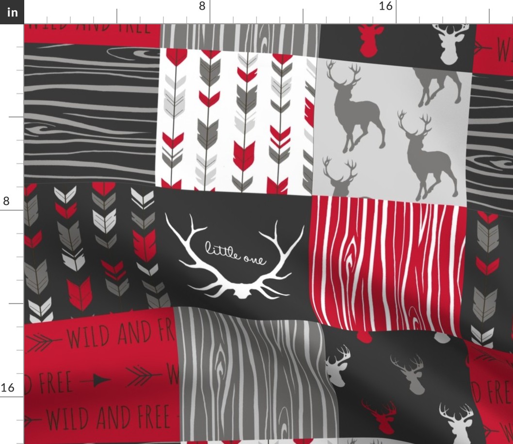 WholeCloth Quilt- red, charcoal ,grey faux quilt with deer, antler, arrows, Woodgrain patchwork squares-ch-ch