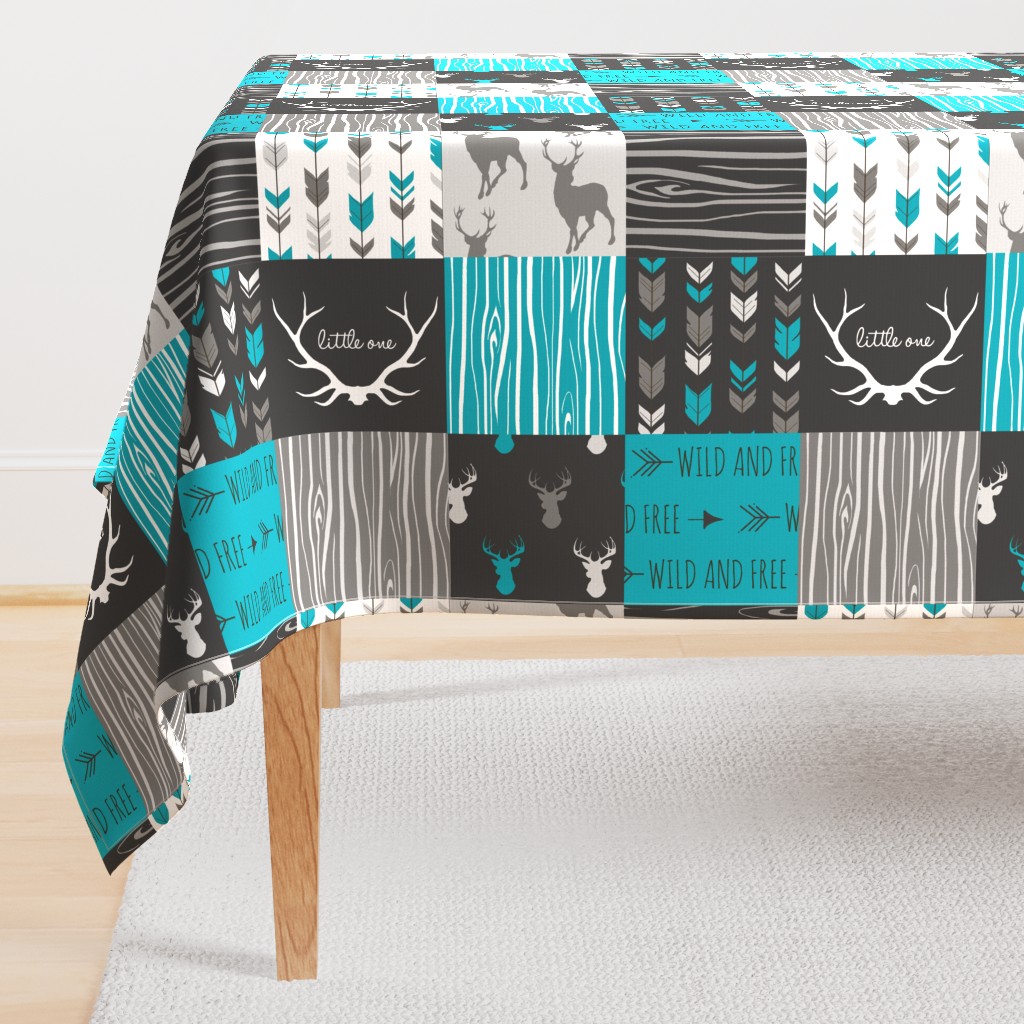 WholeCloth Quilt- Ironwood --teal, charcoal ,grey deer, antler, arrows, Woodgrain patchwork squares-ch-ch-ch