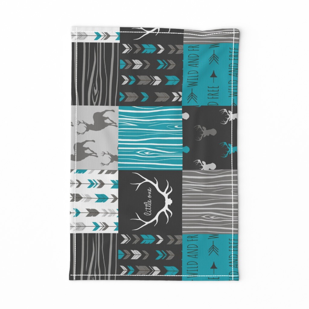 WholeCloth Quilt- Ironwood --teal, charcoal ,grey deer, antler, arrows, Woodgrain patchwork squares-ch-ch-ch