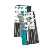 WholeCloth Quilt- Ironwood --teal, charcoal ,grey deer, antler, arrows, Woodgrain patchwork squares-ch-ch-ch