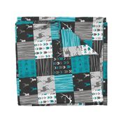 WholeCloth Quilt- Ironwood --teal, charcoal ,grey deer, antler, arrows, Woodgrain patchwork squares-ch-ch-ch