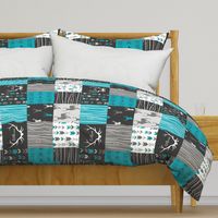 WholeCloth Quilt- Ironwood --teal, charcoal ,grey deer, antler, arrows, Woodgrain patchwork squares-ch-ch-ch