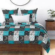 WholeCloth Quilt- Ironwood --teal, charcoal ,grey deer, antler, arrows, Woodgrain patchwork squares-ch-ch-ch