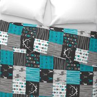 WholeCloth Quilt- Ironwood --teal, charcoal ,grey deer, antler, arrows, Woodgrain patchwork squares-ch-ch-ch