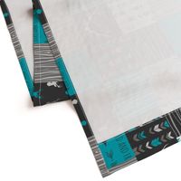 WholeCloth Quilt- Ironwood --teal, charcoal ,grey deer, antler, arrows, Woodgrain patchwork squares-ch-ch-ch