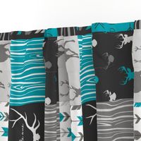 WholeCloth Quilt- Ironwood --teal, charcoal ,grey deer, antler, arrows, Woodgrain patchwork squares-ch-ch-ch