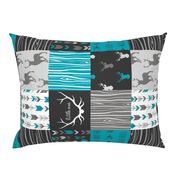 WholeCloth Quilt- Ironwood --teal, charcoal ,grey deer, antler, arrows, Woodgrain patchwork squares-ch-ch-ch