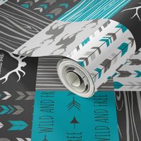 WholeCloth Quilt- Ironwood --teal, charcoal ,grey deer, antler, arrows, Woodgrain patchwork squares-ch-ch-ch