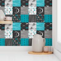 WholeCloth Quilt- Ironwood --teal, charcoal ,grey deer, antler, arrows, Woodgrain patchwork squares-ch-ch-ch