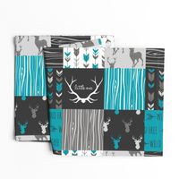 WholeCloth Quilt- Ironwood --teal, charcoal ,grey deer, antler, arrows, Woodgrain patchwork squares-ch-ch-ch