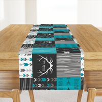 WholeCloth Quilt- Ironwood --teal, charcoal ,grey deer, antler, arrows, Woodgrain patchwork squares-ch-ch-ch