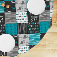 WholeCloth Quilt- Ironwood --teal, charcoal ,grey deer, antler, arrows, Woodgrain patchwork squares-ch-ch-ch