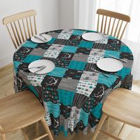 WholeCloth Quilt- Ironwood --teal, charcoal ,grey deer, antler, arrows, Woodgrain patchwork squares-ch-ch-ch