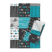 WholeCloth Quilt- Ironwood --teal, charcoal ,grey deer, antler, arrows, Woodgrain patchwork squares-ch-ch-ch