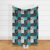 WholeCloth Quilt- Ironwood --teal, charcoal ,grey deer, antler, arrows, Woodgrain patchwork squares-ch-ch-ch