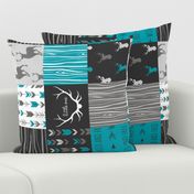 WholeCloth Quilt- Ironwood --teal, charcoal ,grey deer, antler, arrows, Woodgrain patchwork squares-ch-ch-ch