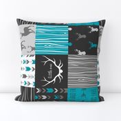 WholeCloth Quilt- Ironwood --teal, charcoal ,grey deer, antler, arrows, Woodgrain patchwork squares-ch-ch-ch