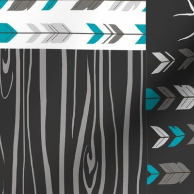 WholeCloth Quilt- Ironwood --teal, charcoal ,grey deer, antler, arrows, Woodgrain patchwork squares-ch-ch-ch