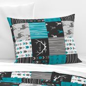 WholeCloth Quilt- Ironwood --teal, charcoal ,grey deer, antler, arrows, Woodgrain patchwork squares-ch-ch-ch