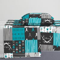 WholeCloth Quilt- Ironwood --teal, charcoal ,grey deer, antler, arrows, Woodgrain patchwork squares-ch-ch-ch